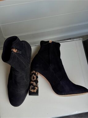 Sophia Webster Black Suede Ankle Boots with Embellished Gold Block Heel